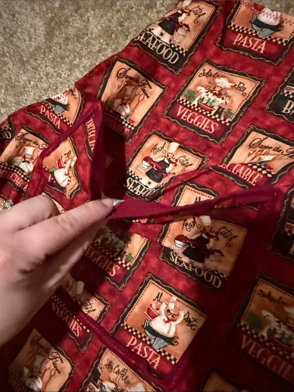 Red Chef Apron with Food-Themed Print